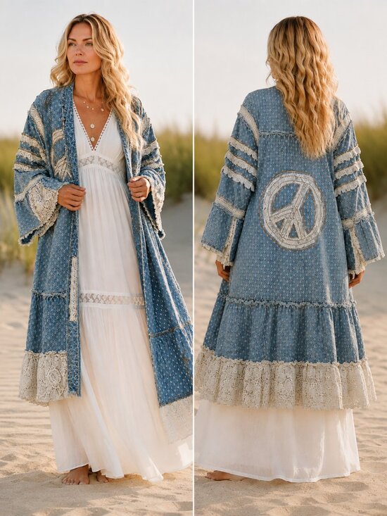 POL Jackets & Blazers - POL NWT Denim Eyelet Lace Peace Sign Maxi Duster Kimono Jacket Boho Festival